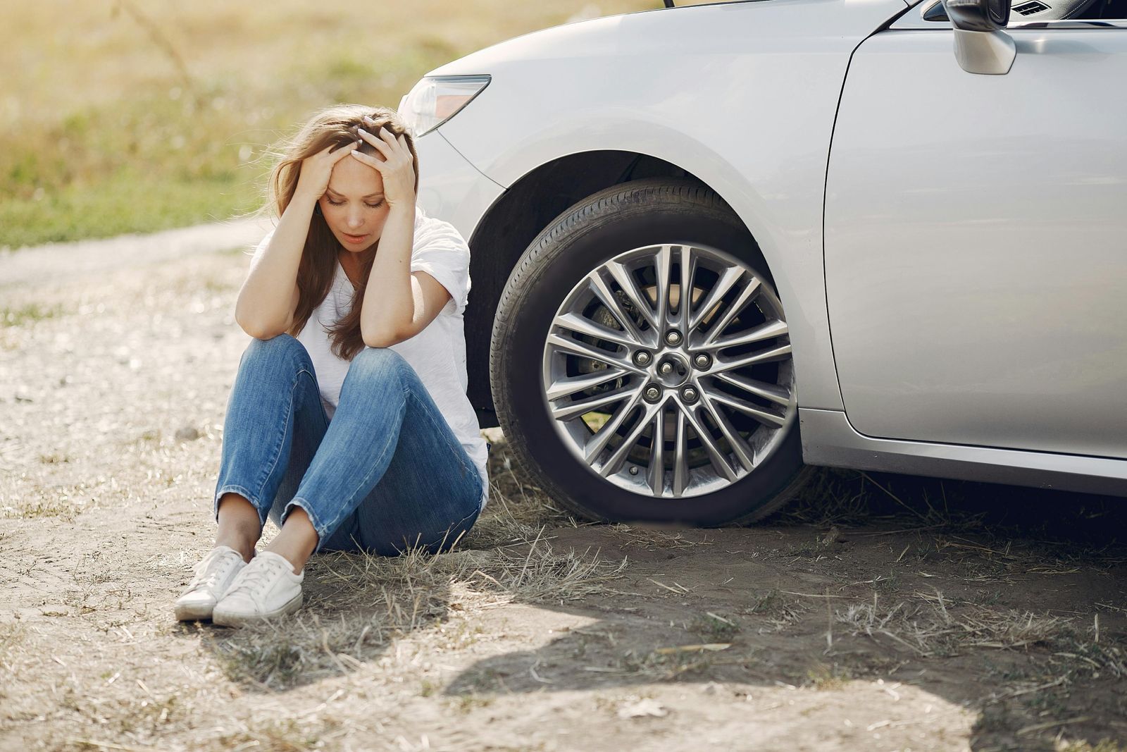 frustrated woman holding her head sitting on the floor next to a silver luxury car by a field