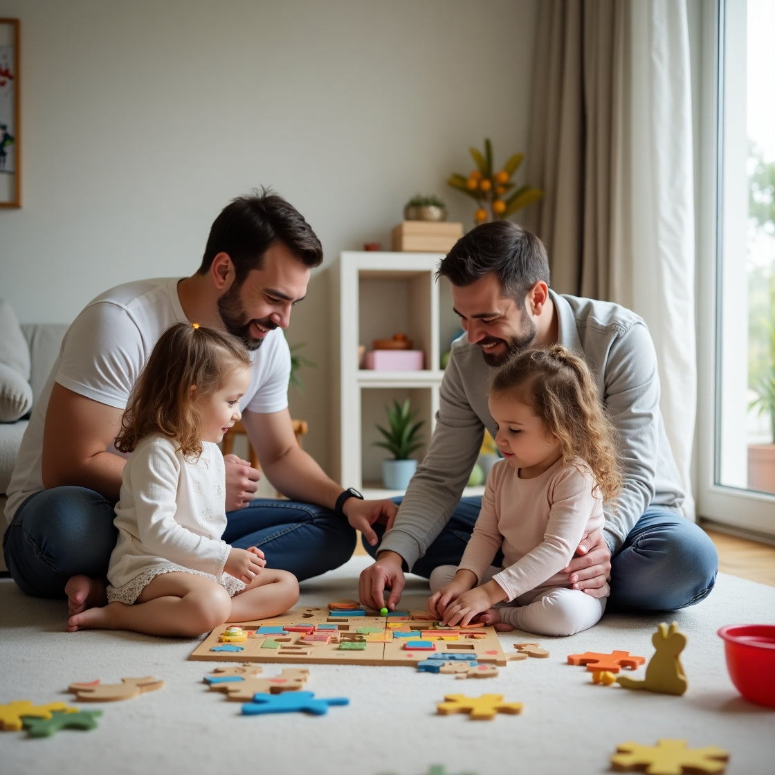 two dads play with a puzzle in the living room with two small girls